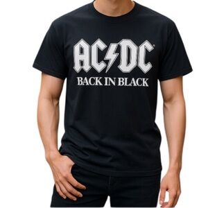 AC/DC Mens Black Back In Black Graphic Band Crewneck T-Shirt Short Sl Baddie S